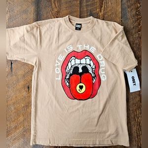 OBEY Short Sleeve T-Shirt (Oversized) Size Medium Tan Color - Love is the Drug